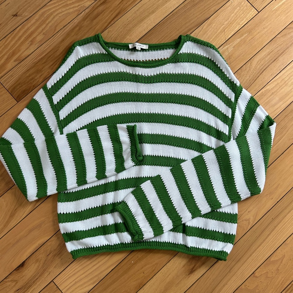 Z Supply Green and White Striped Crew Neck Sweater